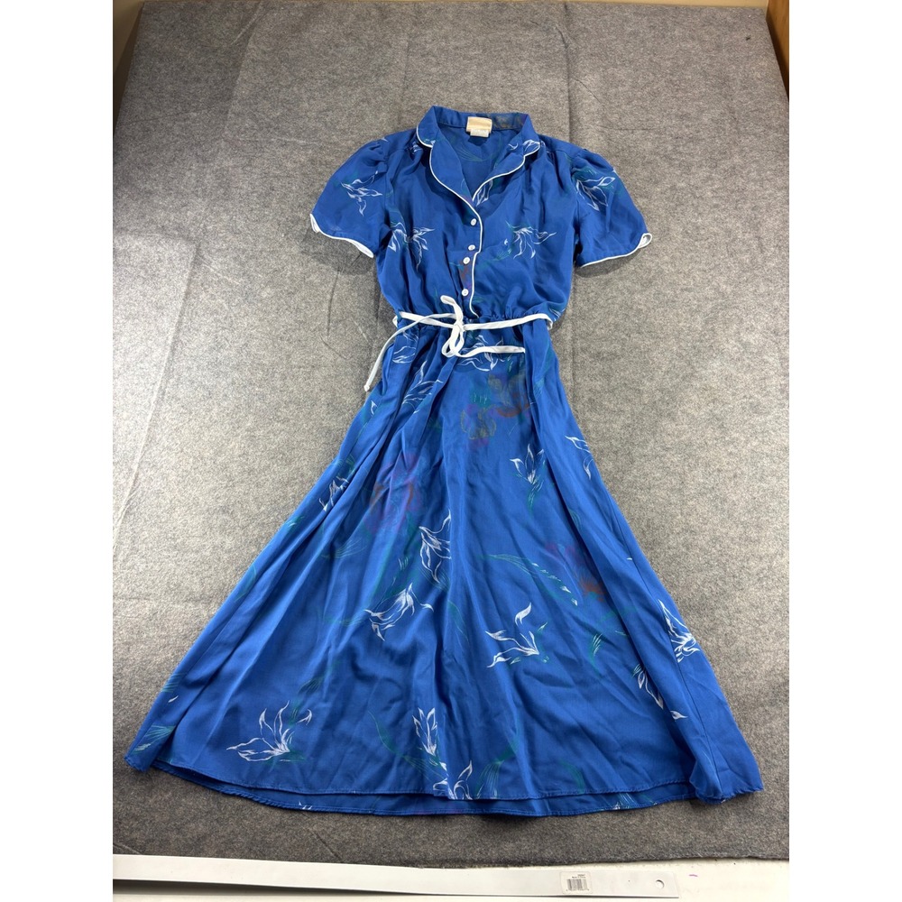 VTG Eber San Francisco Blue Floral Lily Midi Dress Short Sleeve Womens 13 Preppy